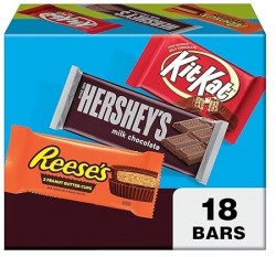 18-Ct Hershey’s, Kit Kat & Reese’s Cups Full Size Bars (Gift Box) $12 at Amazon